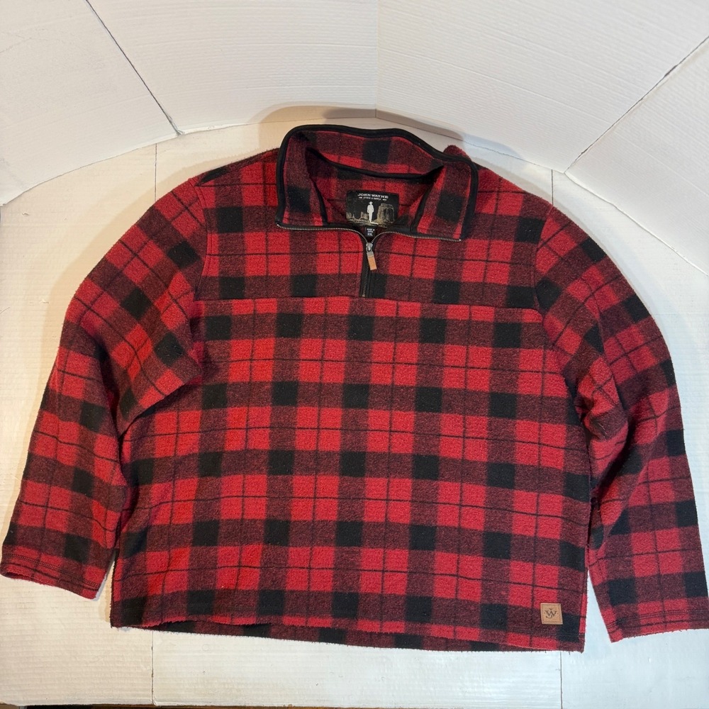 John Wayne Stock Supply Mens XXL Red Black Buffalo Plaid Fleece Quarter Zip warm